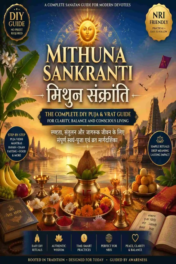 Mithuna Sankranti Vrat DIY Puja Guide Ebook Cover Mithuna Sankranti DIY Puja Vrat Guide ebook cover with Surya, rituals and Sanatan elements