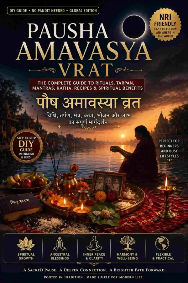 Pausha Amavasya Vrat DIY Puja Guide Ebook Cover Pausha Amavasya Vrat DIY Puja Guide ebook cover with tarpan ritual, diya, kalash and sunset spiritual setup