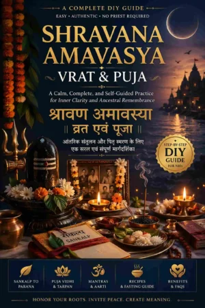 Shravana Amavasya Vrat DIY Puja Guide ebook cover with Shiva lingam and pitru tarpan setup