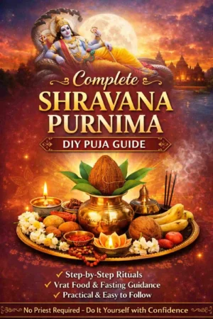 Shravana Purnima Vrat Puja Vidhi DIY Guide ebook cover with kalash, diya and full moon spiritual design