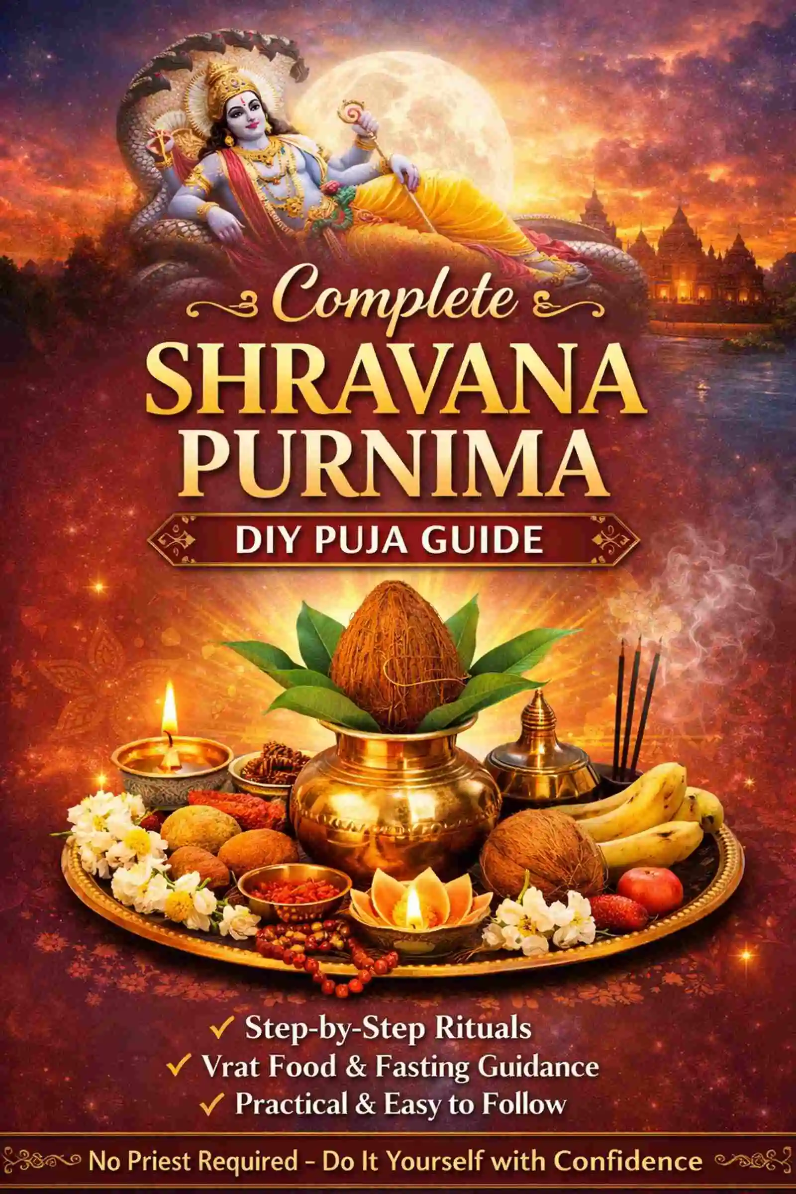 Shravana Purnima Vrat Puja Vidhi DIY Guide ebook cover with kalash, diya and full moon spiritual design