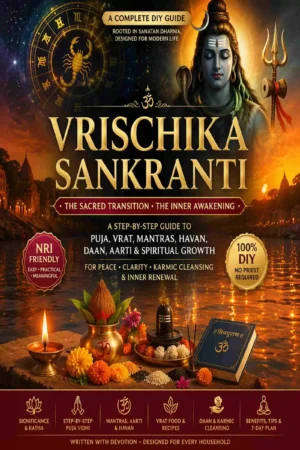 Vrischika Sankranti Vrat Puja Guide DIY Ebook Vrischika Sankranti Vrat Puja Guide DIY ebook cover with kalash diya and sanatan ritual setup