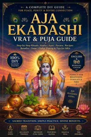 Aja Ekadashi Vrat Puja Guide Ebook Cover featuring Lord Vishnu and DIY Sanatan Ekadashi Ritual Guide