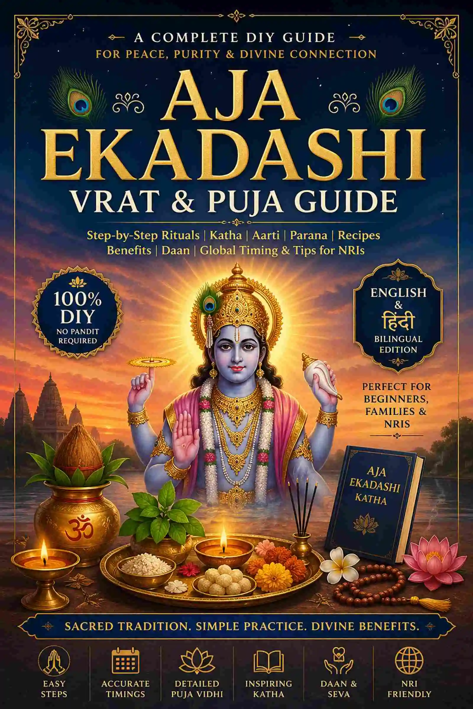 Aja Ekadashi Vrat Puja Guide Ebook Cover featuring Lord Vishnu and DIY Sanatan Ekadashi Ritual Guide