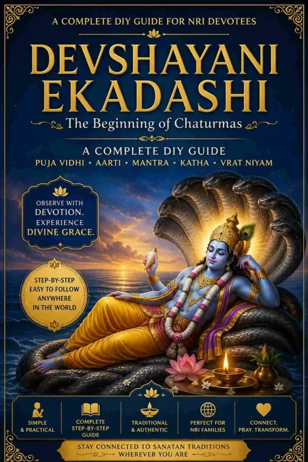 Devshayani Ekadashi Sanatan DIY Vrat and Puja Guide ebook cover featuring Lord Vishnu in yogic rest posture with spiritual blue and golden design elements