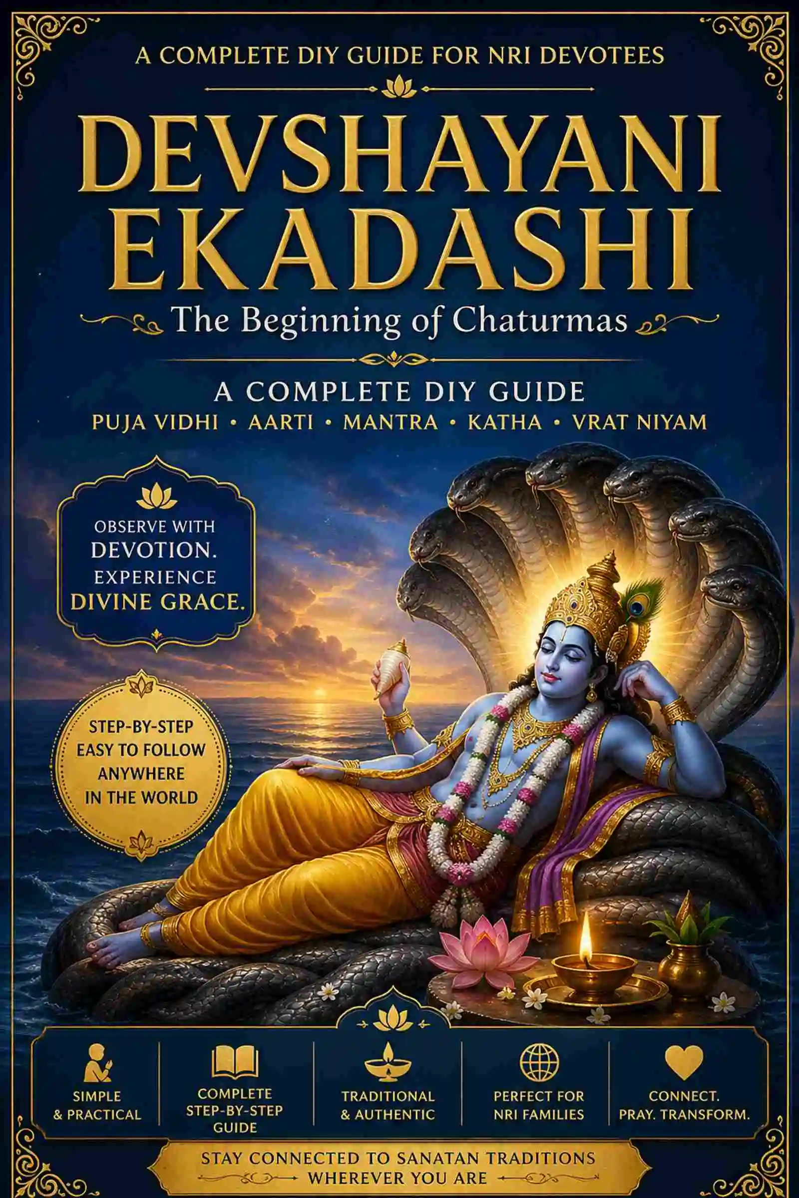 Devshayani Ekadashi Sanatan DIY Vrat and Puja Guide ebook cover featuring Lord Vishnu in yogic rest posture with spiritual blue and golden design elements