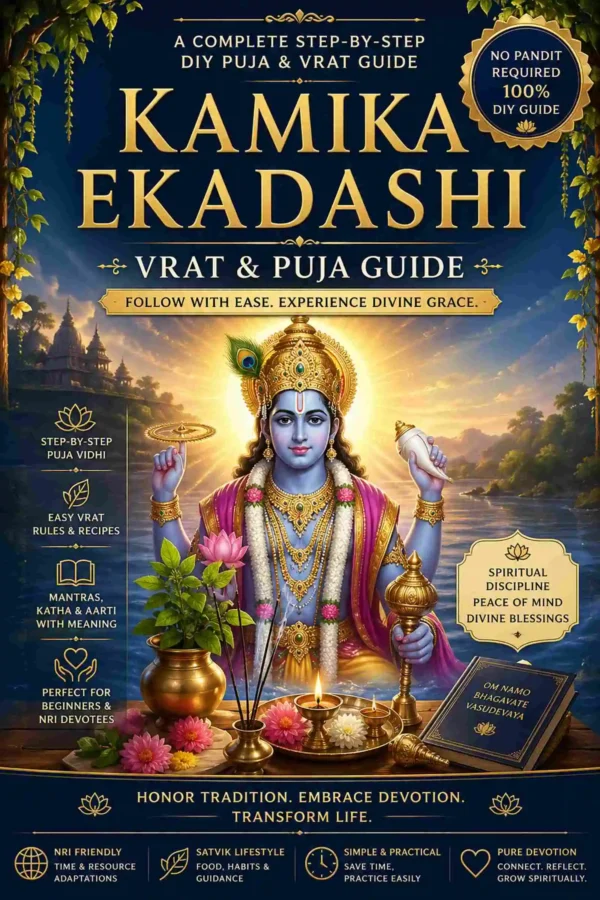 Kamika Ekadashi Vrat Puja Guide ebook cover featuring Lord Vishnu, diya, sacred temple artwork, and bilingual Sanatan DIY spiritual guide design.