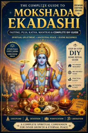 Mokshada Ekadashi Vrat Puja Guide eBook cover with Lord Vishnu illustration, DIY Sanatan fasting and puja guide for NRI devotees