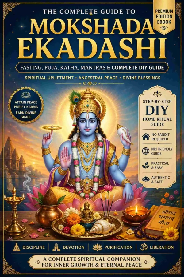 Mokshada Ekadashi Vrat Puja Guide eBook cover with Lord Vishnu illustration, DIY Sanatan fasting and puja guide for NRI devotees