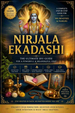 Nirjala Ekadashi Sanatan DIY Vrat Puja Guide ebook cover featuring Lord Vishnu, puja samagri, diya, kalash, mala, and spiritual fasting elements