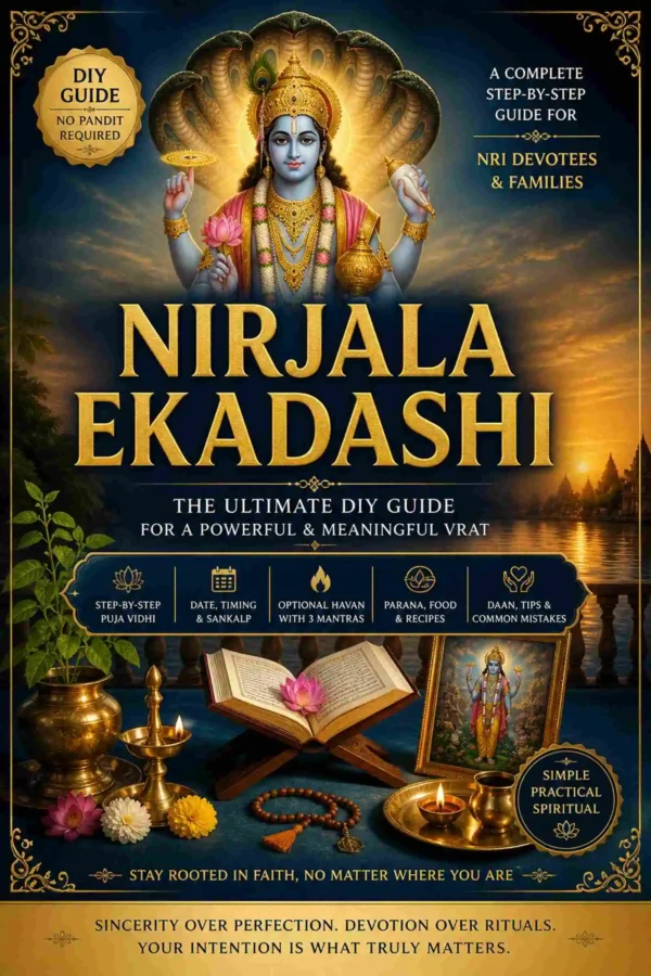 Nirjala Ekadashi Vrat Puja Guide Nirjala Ekadashi Sanatan DIY Vrat Puja Guide ebook cover featuring Lord Vishnu, puja samagri, diya, kalash, mala, and spiritual fasting elements