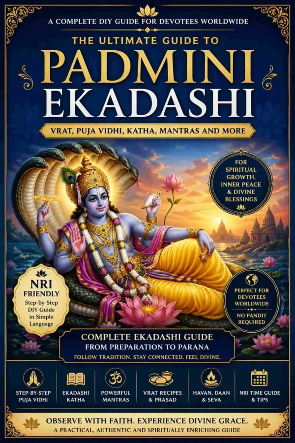 Padmini Ekadashi Vrat Puja Guide ebook cover with Lord Vishnu illustration and devotional theme