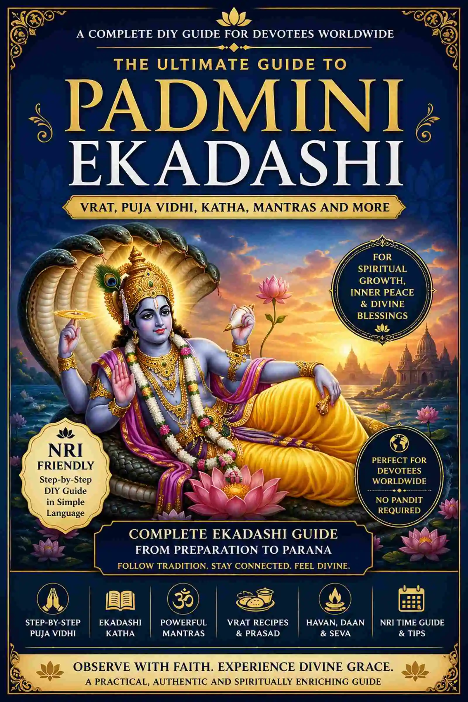 Padmini Ekadashi Vrat Puja Guide ebook cover with Lord Vishnu illustration and devotional theme