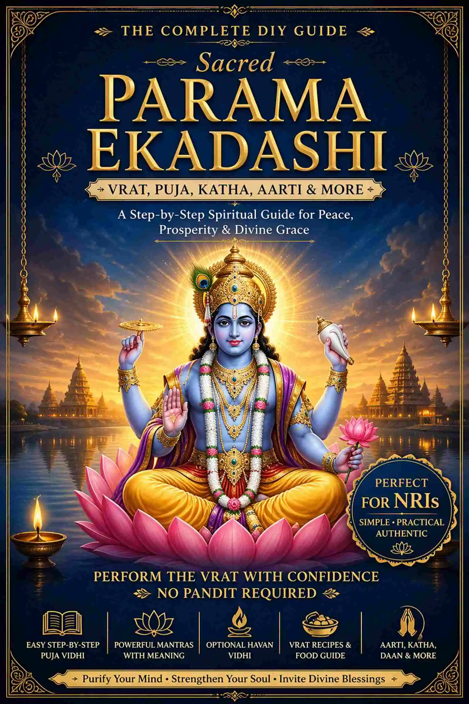 Parama Ekadashi Vrat Puja Guide ebook cover featuring Lord Vishnu illustration for Adhika Maas fasting and rituals