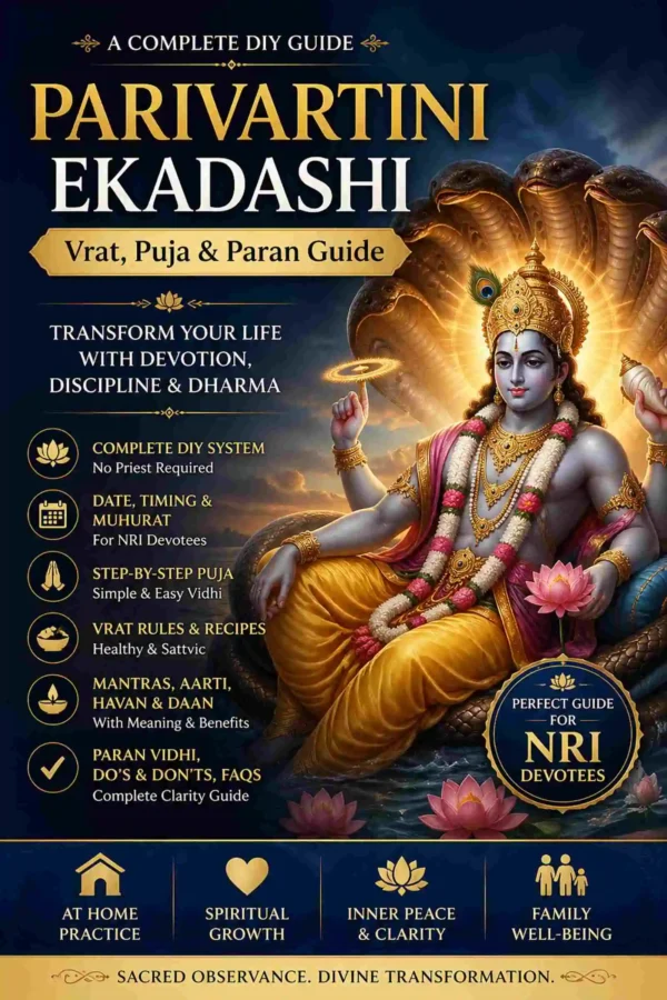 Parivartini Ekadashi Vrat Puja Guide eBook Cover featuring Lord Vishnu for DIY fasting, puja, mantra, aarti and paran rituals