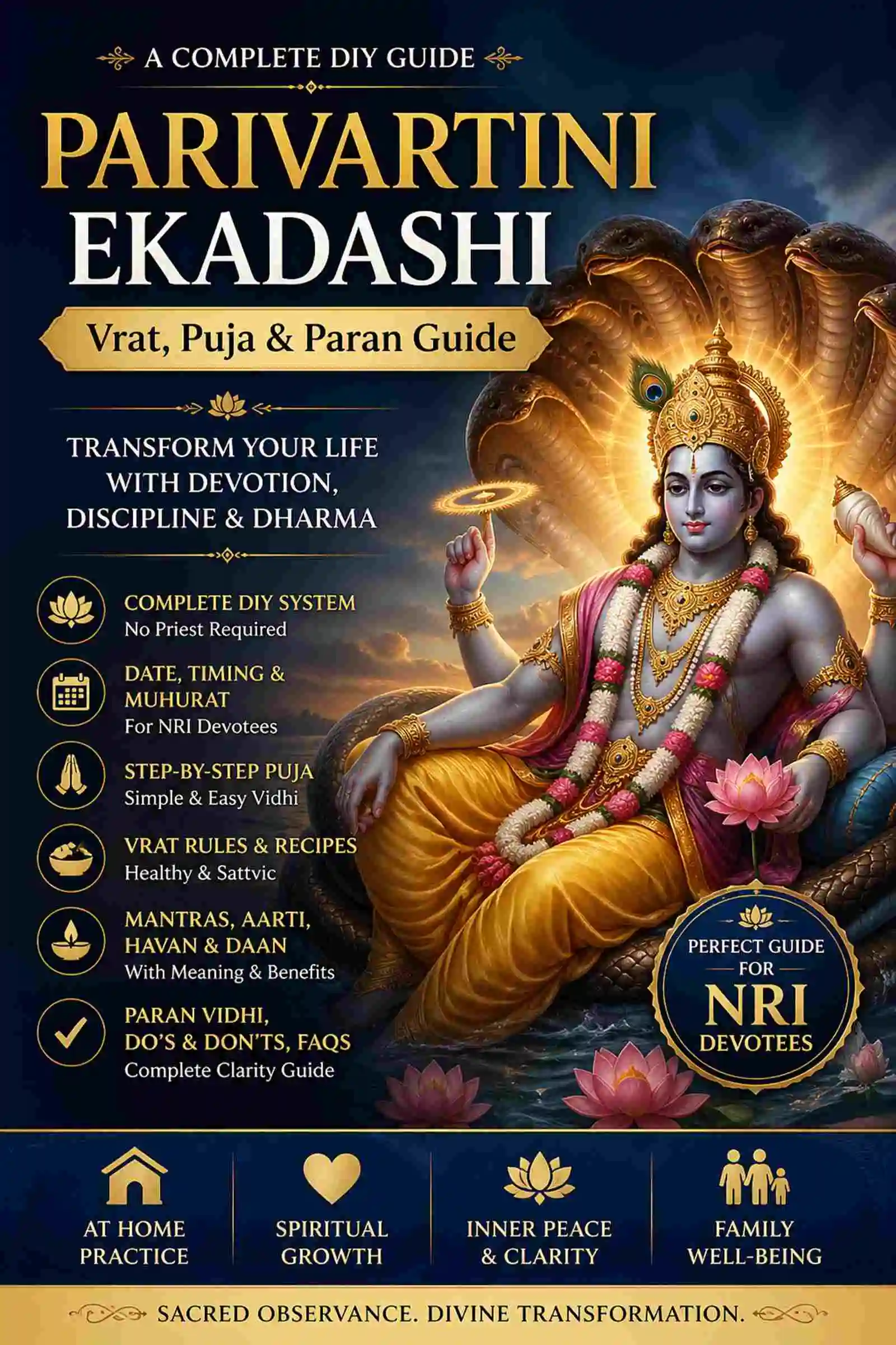 Parivartini Ekadashi Vrat Puja Guide eBook Cover featuring Lord Vishnu for DIY fasting, puja, mantra, aarti and paran rituals