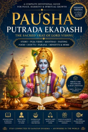 Pausha Putrada Ekadashi ebook cover featuring Lord Vishnu with diya, temple background, Vishnu vrat puja guide for fasting, mantra, katha and DIY home worship