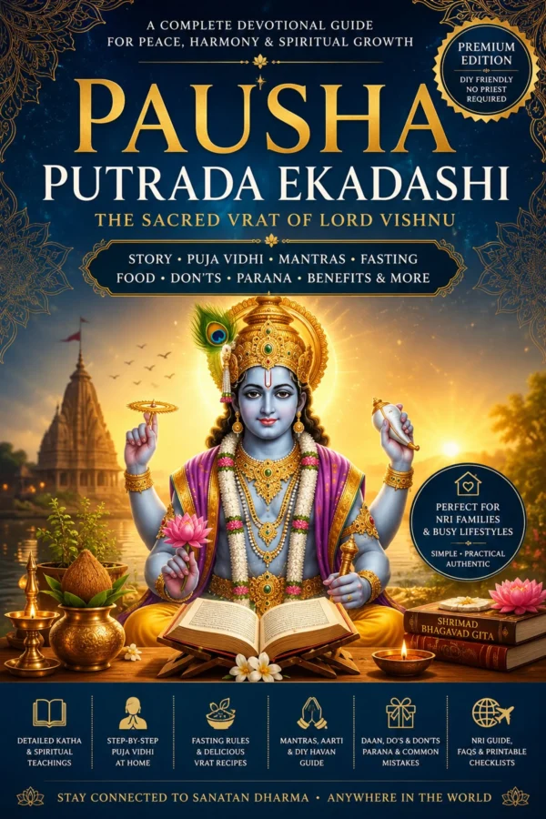 Pausha Putrada Ekadashi ebook cover featuring Lord Vishnu with diya, temple background, Vishnu vrat puja guide for fasting, mantra, katha and DIY home worship