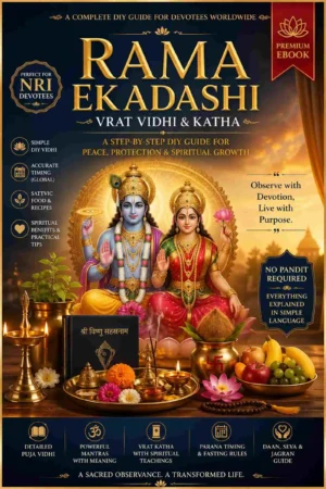 Rama Ekadashi Vrat Puja Guide ebook cover with Lord Vishnu, DIY vrat vidhi, katha and mantra guide