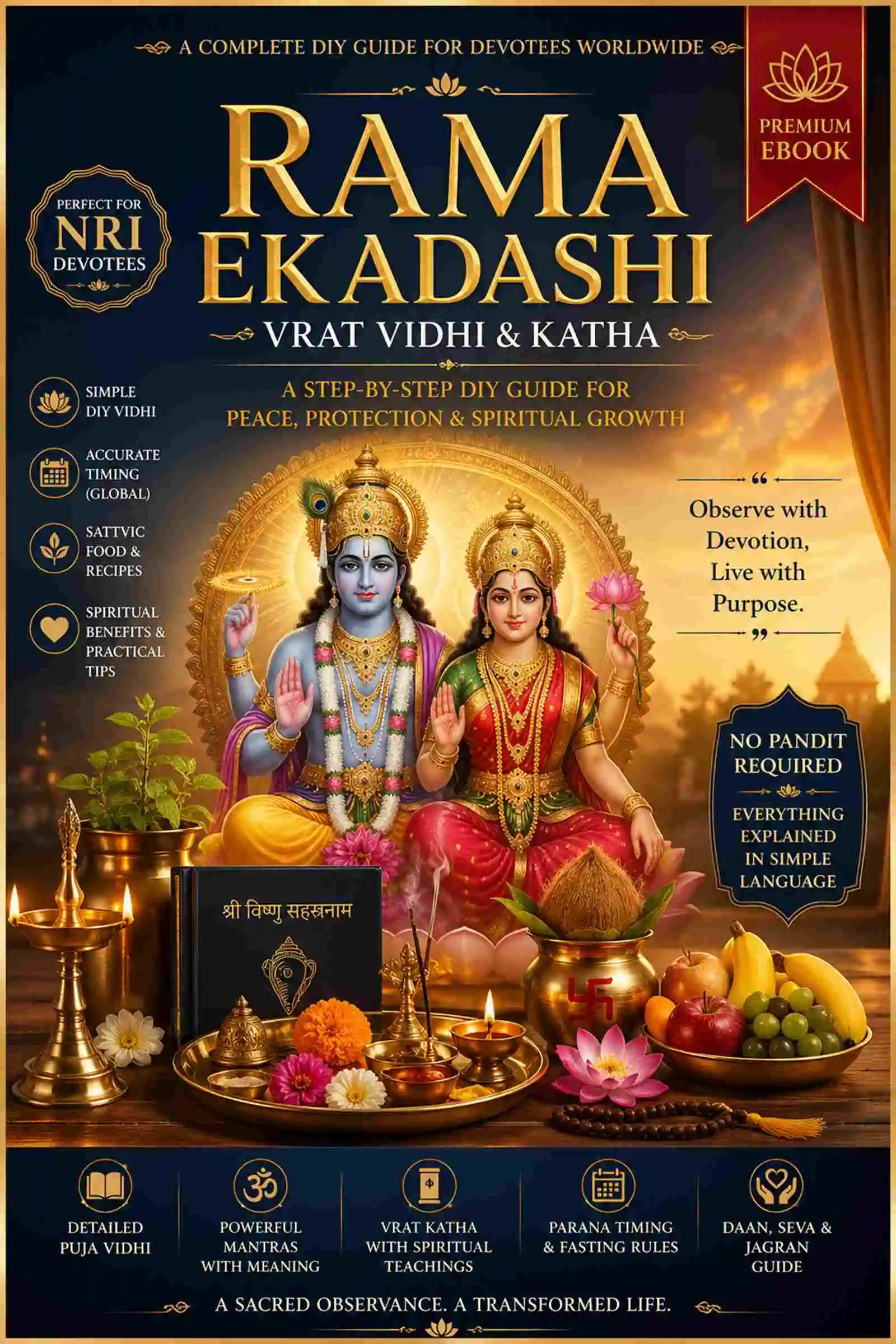 Rama Ekadashi Vrat Puja Guide ebook cover with Lord Vishnu, DIY vrat vidhi, katha and mantra guide