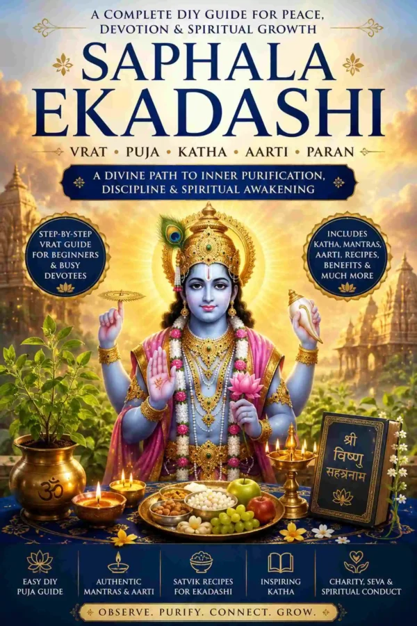 Saphala Ekadashi premium vrat puja guide ebook cover featuring Lord Vishnu with sacred Ekadashi spiritual elements and Sanatan devotional design