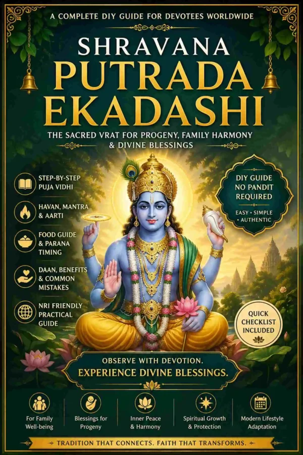 Shravana Putrada Ekadashi DIY Vrat Puja Guide ebook cover featuring Lord Vishnu with bilingual spiritual design