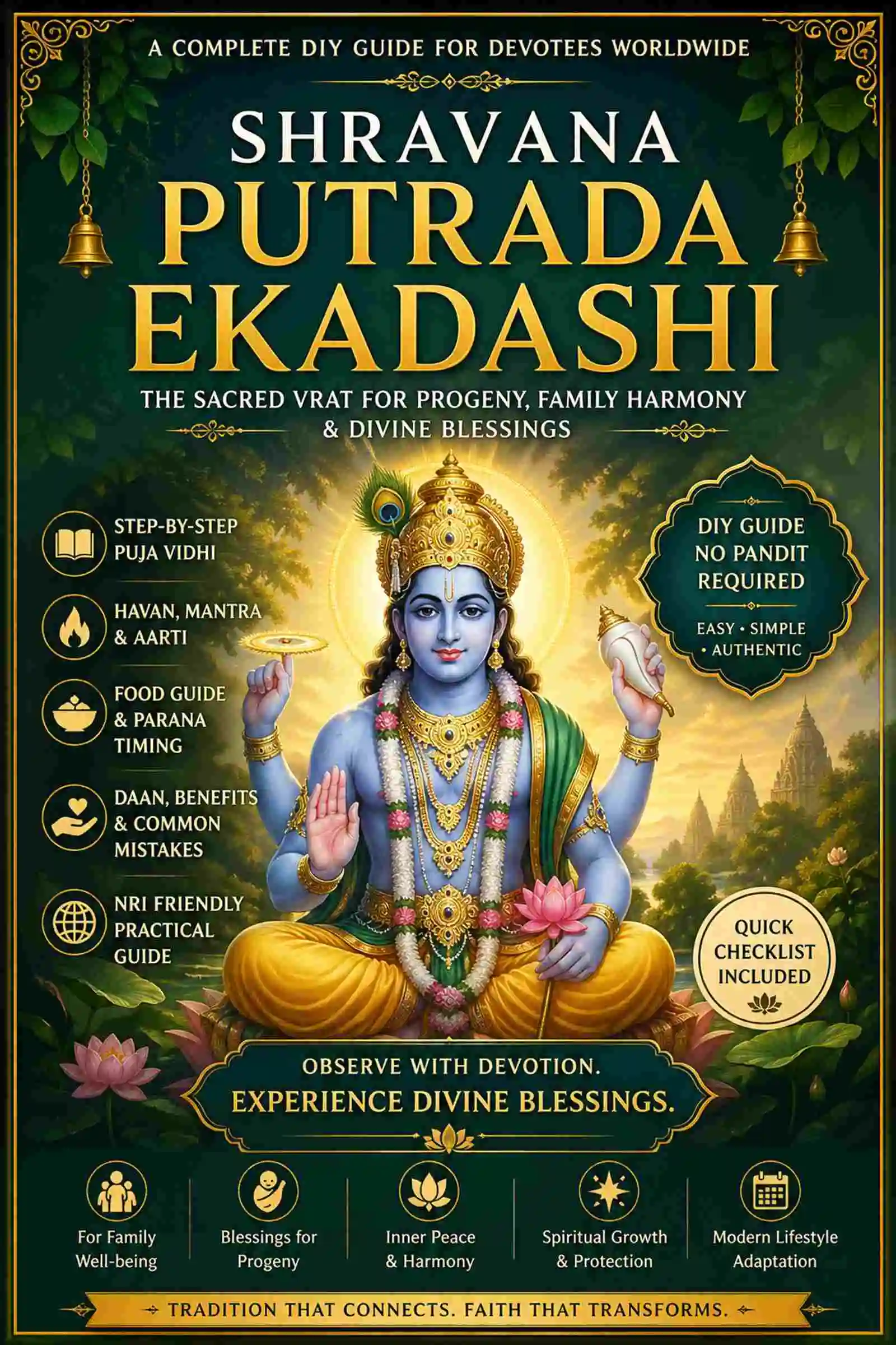 Shravana Putrada Ekadashi DIY Vrat Puja Guide ebook cover featuring Lord Vishnu with bilingual spiritual design
