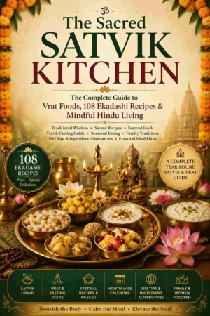 The Sacred Satvik Kitchen premium Hindu eBook cover featuring 108 Ekadashi recipes, Satvik vrat foods, festival meals and mindful Hindu living guide