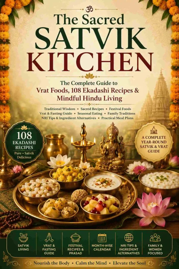 The Sacred Satvik Kitchen premium Hindu eBook cover featuring 108 Ekadashi recipes, Satvik vrat foods, festival meals and mindful Hindu living guide