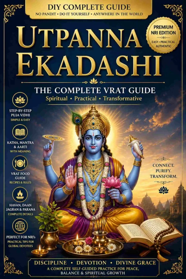 Utpanna Ekadashi Vrat Puja Guide ebook cover with Lord Vishnu illustration