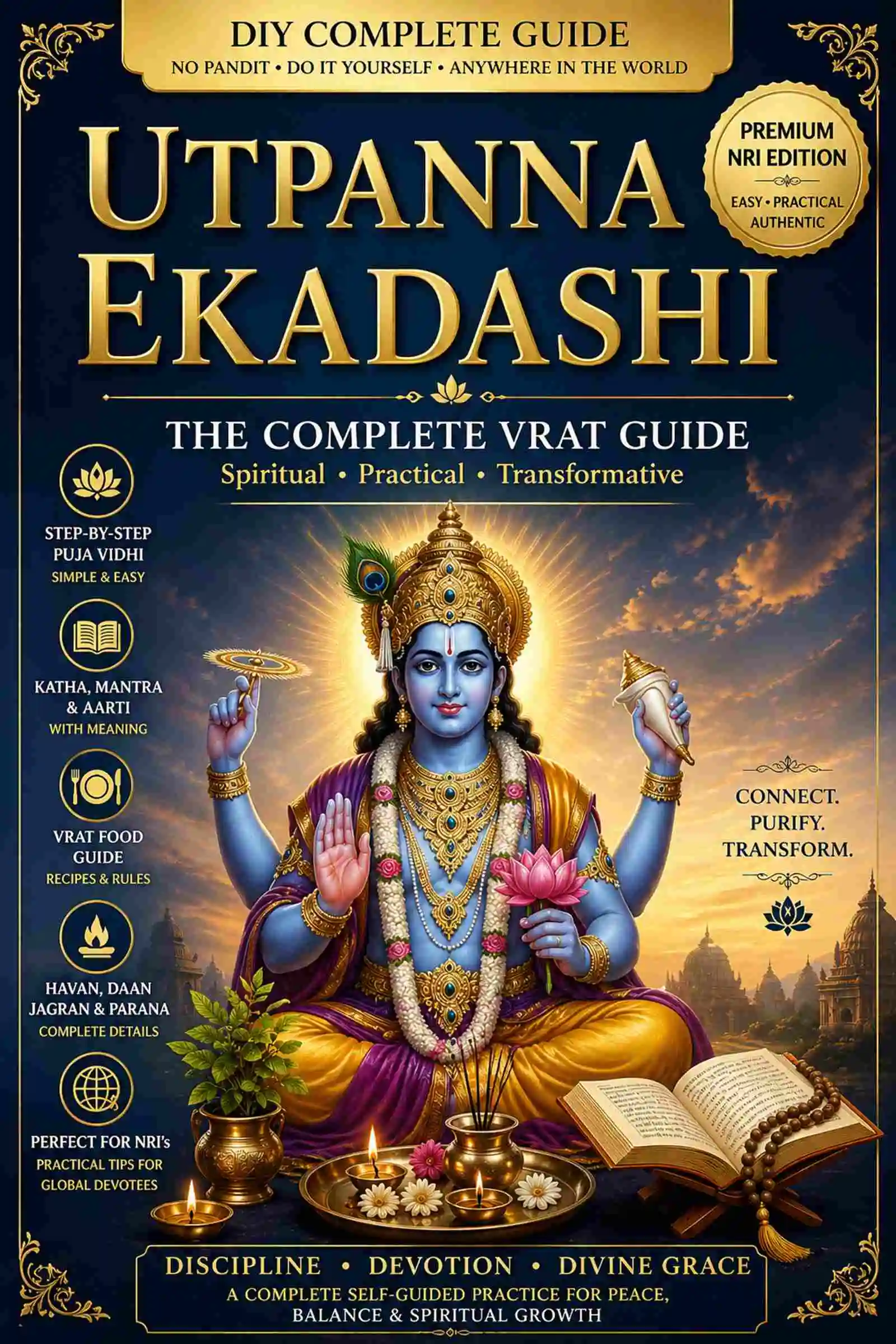Utpanna Ekadashi Vrat Puja Guide ebook cover with Lord Vishnu illustration