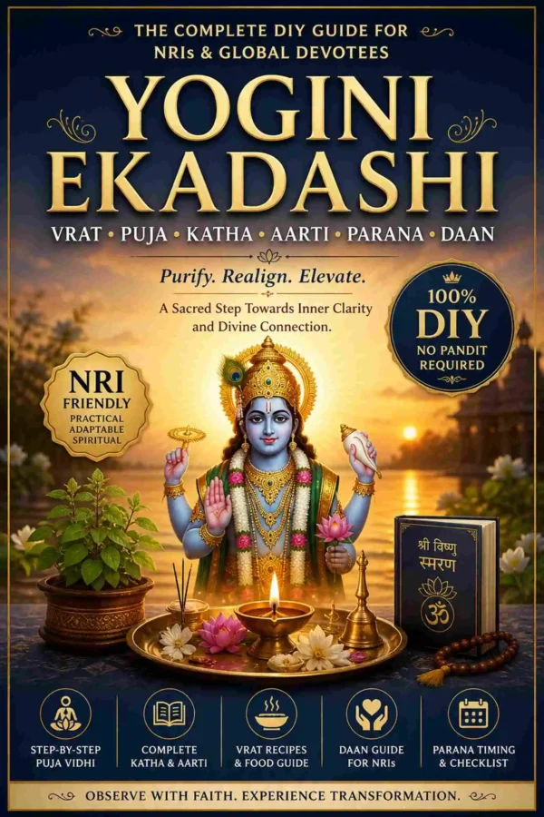 Yogini Ekadashi Vrat Puja Guide eBook Cover with Lord Vishnu for NRIs and Global Devotees