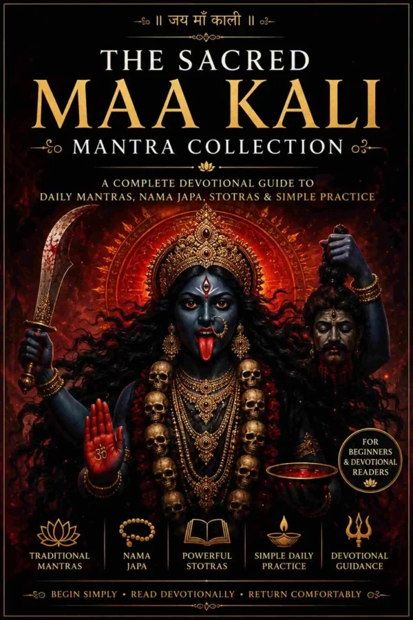The Sacred Maa Kali Mantra Collection premium PDF eBook cover featuring Maa Kali with daily mantras, 108 names, beej mantras, Kali Gayatri, stotras and devotional guide.