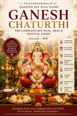 Ganesh Chaturthi DIY Puja & Vrat Guide eBook cover by Pujasamagriwala featuring Lord Ganesha with complete home Puja, Mantras, Aarti, Havan and Visarjan guide.