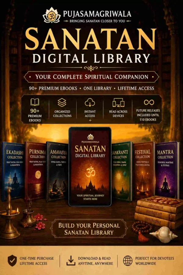 Sanatan Digital Library featuring 90+ premium spiritual eBooks, organized collections, lifetime access, instant PDF downloads, and future releases included.