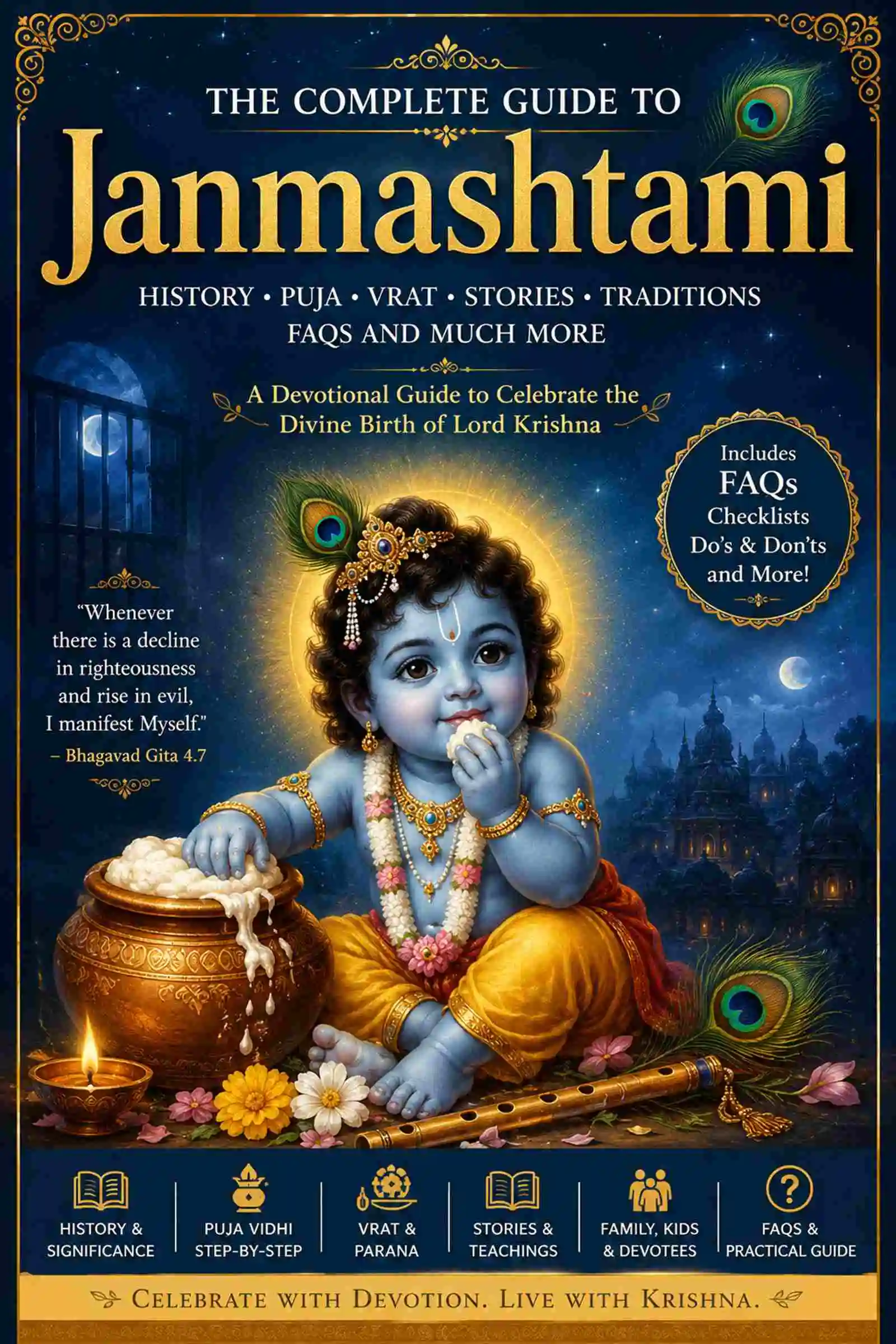 The Complete Janmashtami DIY Puja Guide eBook Cover – Step-by-Step Krishna Puja, Vrat, Mantras & Celebration Guide